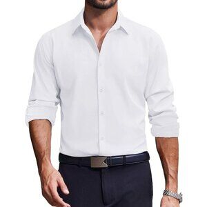 Coofandy Men Solid White Long Sleeve Button Down Regular Fit Business Shirt